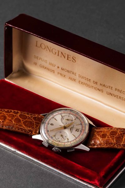 LONGINES - Cronografo in acciaio tasti quadri 30CH, carica manuale con ritorno in volo, quadrante Argent con scala tachimetrica e telemetrica, due contatori  - Asta Orologi da Polso e da Tasca - Associazione Nazionale - Case d'Asta italiane