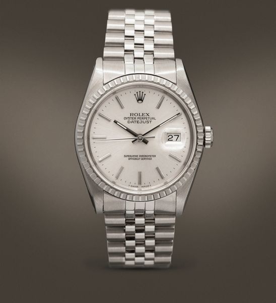 ROLEX - Datejust ref 16220 in acciaio automatico con datario, ghiera godronata quadrante Argent con indici a bastone e bracciale Jubilee  - Asta Orologi da Polso e da Tasca - Associazione Nazionale - Case d'Asta italiane