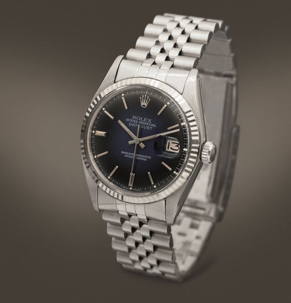 ROLEX - Datejust ref 1601, movimento automatico con datario in acciaio con lunetta zigrinata in oro bianco, bracciale jubilee e quadrante Blu Vignette aftermarket  - Asta Orologi da Polso e da Tasca - Associazione Nazionale - Case d'Asta italiane