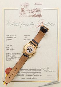 PATEK PHILIPPE - Raro orologio elettromeccanico Beta 21 ref 3587 in oro giallo 18k con anse prodotto in circa 30 esemplari.<BR>Accompagnato da Estratto d'Archivio che conferma che l'orologio  stato venduto con il cinturino in pelle.  - Asta Orologi da Polso e da Tasca - Associazione Nazionale - Case d'Asta italiane