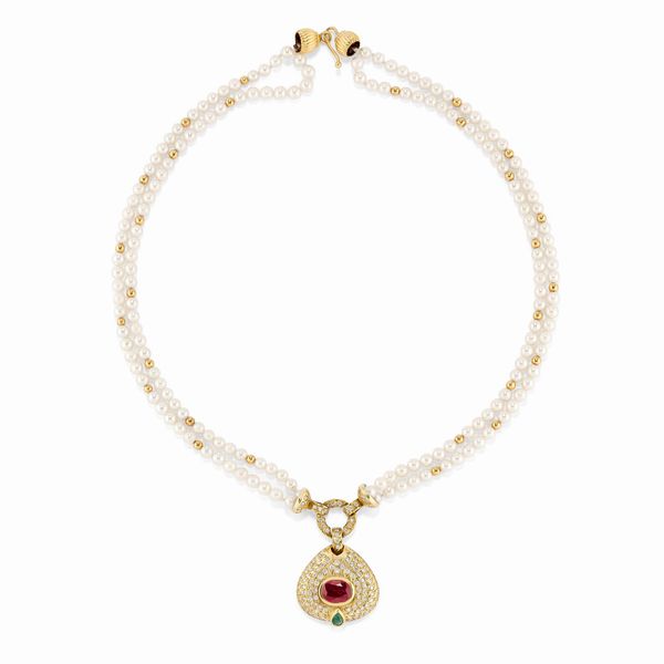 Collana in oro giallo 18K, perle, diamanti, rubino e smeraldo  - Asta Argenti - Associazione Nazionale - Case d'Asta italiane