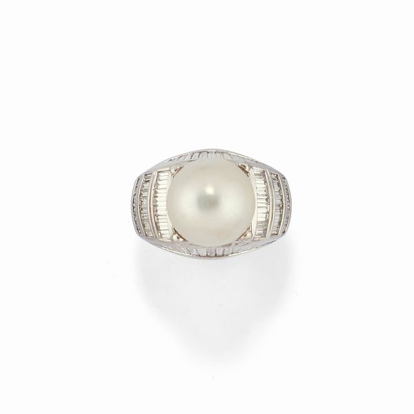 Anello in oro bianco 18K, perla e diamanti  - Asta Argenti - Associazione Nazionale - Case d'Asta italiane