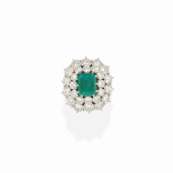 Anello in oro bianco 18k, smeraldo e diamanti  - Asta Argenti - Associazione Nazionale - Case d'Asta italiane