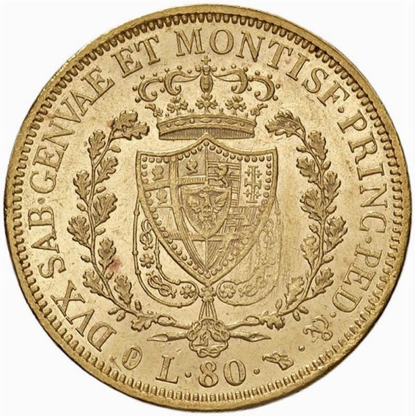 TORINO. REGNO DI SARDEGNA. CARLO FELICE (1821-1831) 80 LIRE 1828  - Asta Monete di Milano, Casa Savoia, zecchini e Oselle in oro di Venezia  - Associazione Nazionale - Case d'Asta italiane