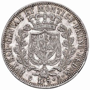 GENOVA. REGNO DI SARDEGNA. CARLO FELICE (1821-1831) 5 LIRE 1827  - Asta Monete di Milano, Casa Savoia, zecchini e Oselle in oro di Venezia  - Associazione Nazionale - Case d'Asta italiane