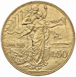 ROMA. REGNO D’ITALIA. VITTORIO EMANUELE III (1900-1943) 50 LIRE CINQUANTENARIO  - Asta Monete di Milano, Casa Savoia, zecchini e Oselle in oro di Venezia  - Associazione Nazionale - Case d'Asta italiane