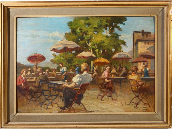 ,Giovanni Zangrando : Terrazza di un ristorante  - Asta Arte Moderna e Contemporanea - Associazione Nazionale - Case d'Asta italiane