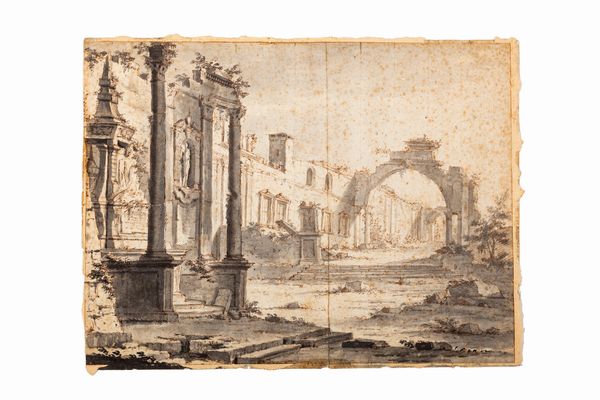 ,Scuola veneta, secolo XVIII : Capriccio architettonico  - Asta Dipinti e Disegni Antichi - Associazione Nazionale - Case d'Asta italiane