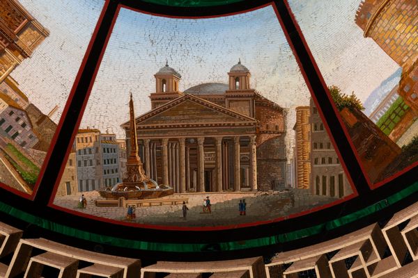 ,Scuola romana, metà del secolo XIX : Piano circolare in micromosaico con vedute di Roma  - Asta Dipinti e Disegni Antichi - Associazione Nazionale - Case d'Asta italiane