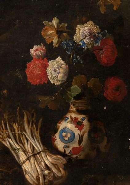 ,Scuola napoletana, secolo XVII : Mele, uva, asparagi, vaso di fiori en plein air  - Asta Dipinti e Disegni Antichi - Associazione Nazionale - Case d'Asta italiane