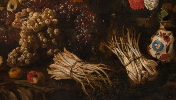 ,Scuola napoletana, secolo XVII : Mele, uva, asparagi, vaso di fiori en plein air  - Asta Dipinti e Disegni Antichi - Associazione Nazionale - Case d'Asta italiane