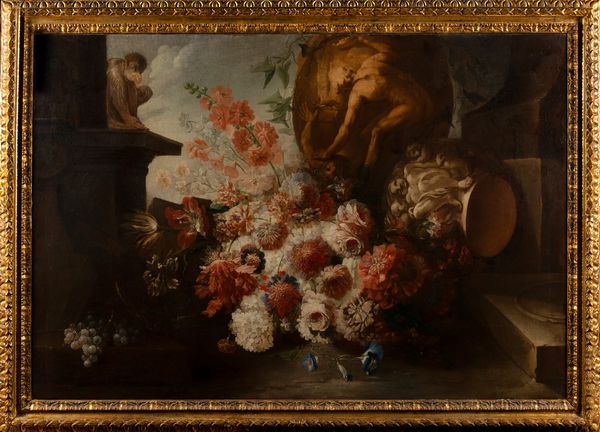 ,Andrea Belvedere : Trionfo di fiori con vaso istoriato raffigurante Caino e Abele, capitello riccamente scolpito e scimmietta in un giardino  - Asta Dipinti e Disegni Antichi - Associazione Nazionale - Case d'Asta italiane