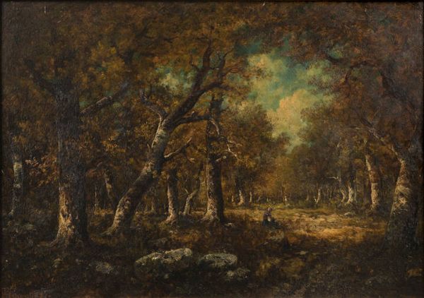 ADOLFO FERAGUTTI VISCONTI Pura (Svizzera) 1850 - 1924 Milano : Luci nella foresta di Fontainebleau 1877  - Asta Asta 203 Dipinti - Associazione Nazionale - Case d'Asta italiane