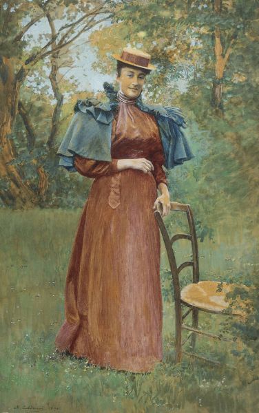 MARCO CALDERINI Torino 1850 - 1941 : Signora in giardino 1894  - Asta Asta 203 Dipinti - Associazione Nazionale - Case d'Asta italiane