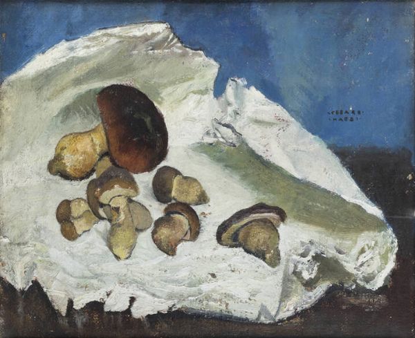 CESARE MAGGI Roma 1881 - 1961 Torino : Natura morta con funghi porcini  - Asta Asta 203 Dipinti - Associazione Nazionale - Case d'Asta italiane