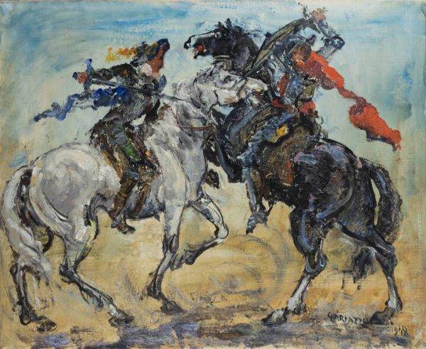 PIER ANTONIO GARIAZZO Torino 1879 - 1964 : Cavalieri in combattimento 1948  - Asta Asta 203 Dipinti - Associazione Nazionale - Case d'Asta italiane