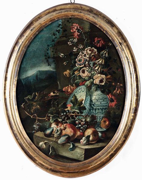 Scuola dell'Italia meridionale della fine del XVII secolo Nature morte con composizioni di fiori, frutti, uccellini e vasellame  - Asta Dipinti antichi - Associazione Nazionale - Case d'Asta italiane