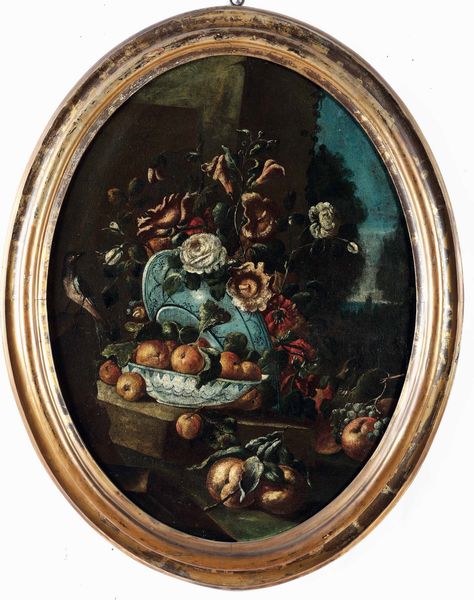 Scuola dell'Italia meridionale della fine del XVII secolo Nature morte con composizioni di fiori, frutti, uccellini e vasellame  - Asta Dipinti antichi - Associazione Nazionale - Case d'Asta italiane