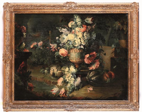 Michele Antonio Rapous, Attribuito a : Nature morte con frutti e vasi ricolmi di fiori  - Asta Dipinti antichi - Associazione Nazionale - Case d'Asta italiane