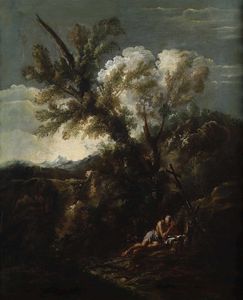 Sebastiano Ricci (Belluno 1659 - Venezia 1734) e Antonio Francesco Peruzzini (Ancona 1643 - Milano 1724) Paesaggio con santa Maria Maddalena penitente  - Asta Dipinti antichi - Associazione Nazionale - Case d'Asta italiane