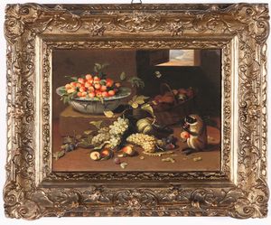 Jan Van Kessel, Scuola di : Natura morta con frutti e scimmietta  - Asta Dipinti antichi - Associazione Nazionale - Case d'Asta italiane