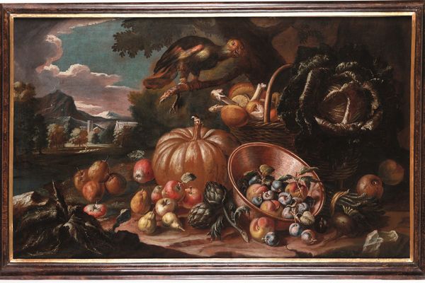 Scuola emiliana del XVIII secolo Natura morta con frutta, ortaggi e pappagallo  - Asta Disegni Antichi - Associazione Nazionale - Case d'Asta italiane