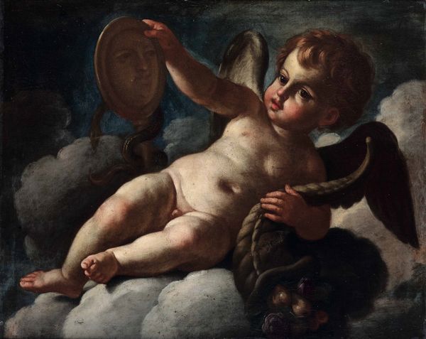 Scuola emiliana del XVII secolo Allegoria con putto con gli attributi della Prudenza e dell'Abbondanza  - Asta Disegni Antichi - Associazione Nazionale - Case d'Asta italiane