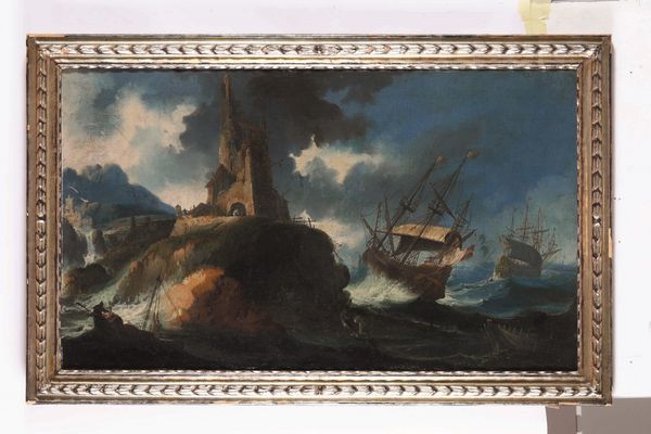 ,Bartolomeo Pedon : Marina in tempesta con velieri  - Asta Disegni Antichi - Associazione Nazionale - Case d'Asta italiane