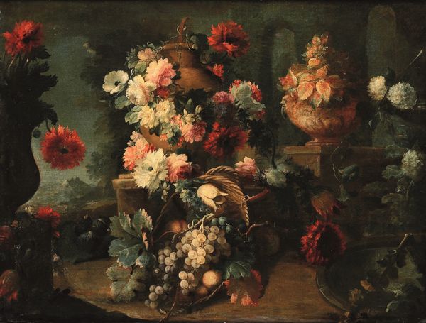 Michele Antonio Rapous, Attribuito a : Nature morte con frutti e vasi ricolmi di fiori  - Asta Old Masters Paintings - Associazione Nazionale - Case d'Asta italiane