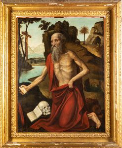 Ambrogio da Fossano detto il Bergognone, Ambito di : San Girolamo nel deserto  - Asta Old Masters Paintings - Associazione Nazionale - Case d'Asta italiane