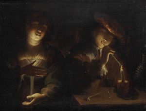 Pietro Ricchi detto il Lucchese : Due figure a lume di candela  - Asta Old Masters Paintings - Associazione Nazionale - Case d'Asta italiane