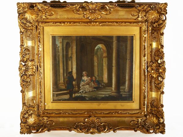 ,Scuola francese del XVIII secolo : Capriccio architettonico con scena di genere  - Asta House Sale: La casa fiorentina di un collezionista - Associazione Nazionale - Case d'Asta italiane