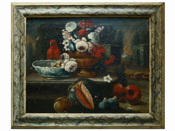 ,Maniera della pittura del XVIII secolo : Natura morta con frutta e pappagallo in un paesaggio  - Asta House Sale: La casa fiorentina di un collezionista - Associazione Nazionale - Case d'Asta italiane