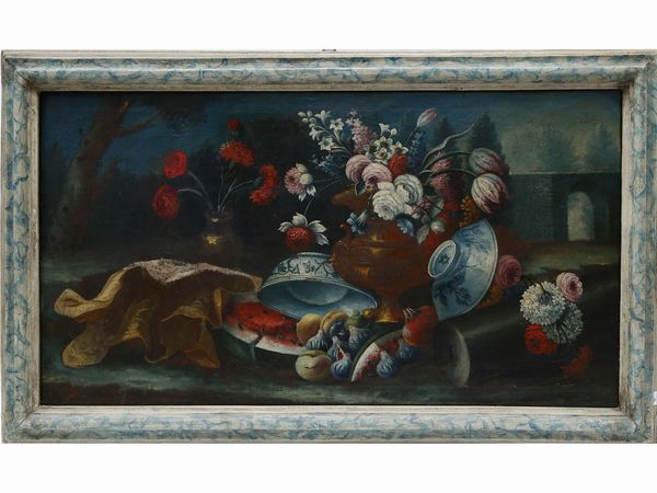 ,Maniera della pittura fiamminga del XVIII secolo : Nature morte in un paesaggio  - Asta House Sale: La casa fiorentina di un collezionista - Associazione Nazionale - Case d'Asta italiane