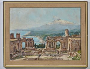 ARTISTA DEL XX SECOLO : Veduta del teatro greco di Taormina con l'Etna sullo sfondo  - Asta Asta 367 | ARTE ANTICA E DEL XIX SECOLO Virtuale - Associazione Nazionale - Case d'Asta italiane