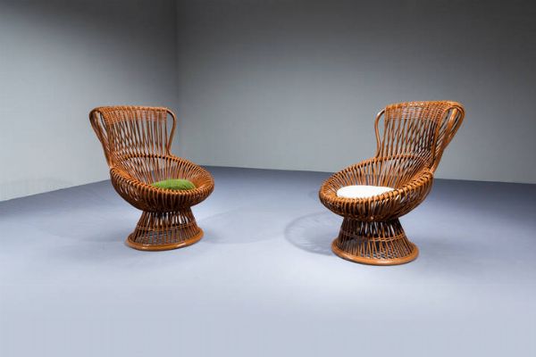 FRANCO ALBINI : Coppia di poltrone in vimini e canna d'India. Anni '50 cm 95x65x74  - Asta Design - Associazione Nazionale - Case d'Asta italiane