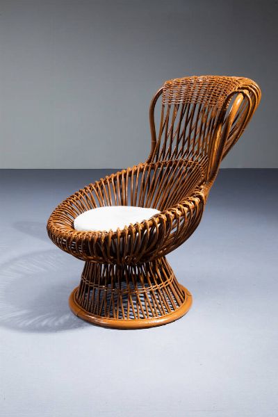 FRANCO ALBINI : Coppia di poltrone in vimini e canna d'India. Anni '50 cm 95x65x74  - Asta Design - Associazione Nazionale - Case d'Asta italiane