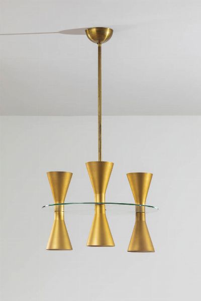 PRODUZIONE ITALIANA : Lampadario in ottone e vetro trasparente. Anni '50 h cm 112x60  - Asta Design - Associazione Nazionale - Case d'Asta italiane