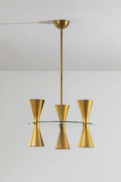 PRODUZIONE ITALIANA : Lampadario in ottone e vetro trasparente. Anni '50 h cm 112x60  - Asta Design - Associazione Nazionale - Case d'Asta italiane