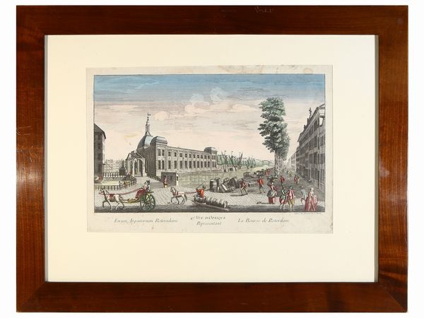 Scuola francese del XVIII secolo : Vue d'optique: La Bourse de Roterdam  - Asta L'Arte di Arredare - Associazione Nazionale - Case d'Asta italiane