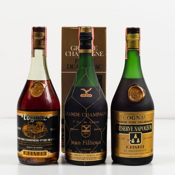 F. Peyrot, Grande Fine Champagne Premier Cru Cognac V.S.O.P.<BR>Jean Fillioux, Grande Champagne Premier Cru Cognac Cep D'Or<BR>F. Payrot, Grande Fine Champagne Reserve Napoleon Premier Cru Cognac Les Bergonnettes  - Asta Spirito del tempo  - Associazione Nazionale - Case d'Asta italiane