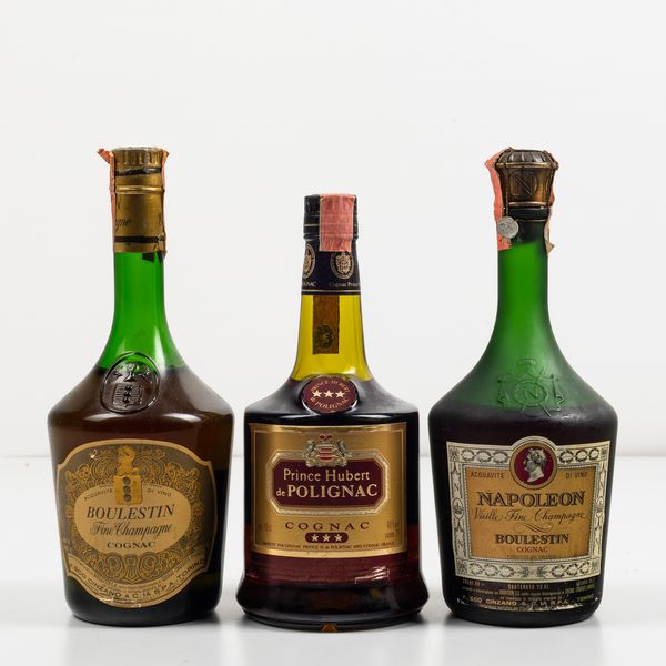 Boulestin, Fine Champagne Cognac<BR>Prince Hubert de Polignac, Cognac Tre Stelle<BR>Boulestin, Napoleon Vieille Fine Champagne  - Asta Spirito del tempo  - Associazione Nazionale - Case d'Asta italiane