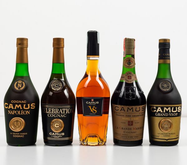 Camus, Cognac Napoleon<BR>Camus, Cognac Celebration<BR>Camus, Cognac V.S. Elegance<BR>Camus, La Grande Marque Cognac<BR>Camus, Cognac Grand V.S.O.P.  - Asta Spirito del tempo  - Associazione Nazionale - Case d'Asta italiane