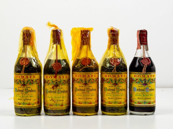 Sanchez Romate, Brandy Gran Reserva Cardenal Mendoza 5 bts - 1 OC Cardenal Mendoza Romate Gran reserve 75 cl 45 imp Bellini anni 70  - Asta Spirito del tempo  - Associazione Nazionale - Case d'Asta italiane