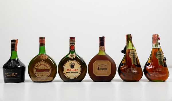 Samalens, Bas Armagnac Tre Stelle<BR>Malliac Casque dOr, Grand Armagnac<BR>Monte Squiou, Armagnac XO<BR>Gerland, Bas Armagnac<BR>Samalens, Armagnac V.S.O.P.  - Asta Spirito del tempo  - Associazione Nazionale - Case d'Asta italiane