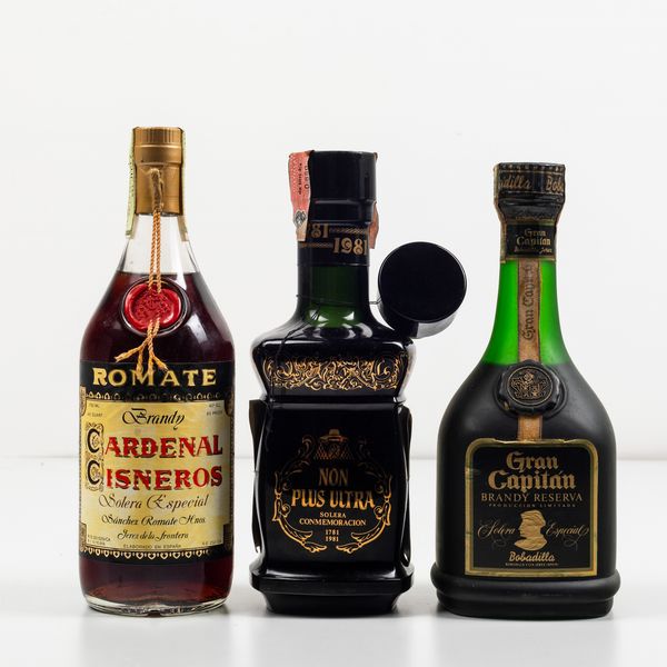 Romate, Brandy Cardenal Cisneros Solera Especial<BR>Bobadilla, Brandy Solera Gran Reserva<BR>Non Plus Ultra, Brandy Solera Comemoracion 1781-1981<BR>  - Asta Spirito del tempo  - Associazione Nazionale - Case d'Asta italiane