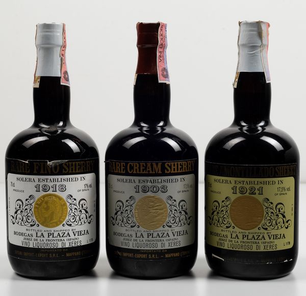 Bodegas La Plaza Vieja, Rare Cream Sherry<BR>Bodegas La Plaza Vieja, Rare Fino Sherry<BR>Bodegas La Plaza Vieja, Rare Amontillado Sherry  - Asta Spirito del tempo  - Associazione Nazionale - Case d'Asta italiane