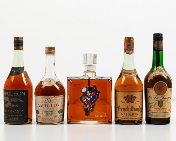 Blanchard, Napoleon French Brandy V.S.O.P.<BR>Andre Garcon, Kingston Napoleon Fine Brandy V.V.O.P.<BR>Semp, Armagnac Extra<BR>French Brandy Napoleon<BR>De la Fargue, French Brandy V.V.S.O.P  - Asta Spirito del tempo  - Associazione Nazionale - Case d'Asta italiane