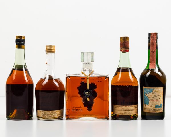 Blanchard, Napoleon French Brandy V.S.O.P.<BR>Andre Garcon, Kingston Napoleon Fine Brandy V.V.O.P.<BR>Semp, Armagnac Extra<BR>French Brandy Napoleon<BR>De la Fargue, French Brandy V.V.S.O.P  - Asta Spirito del tempo  - Associazione Nazionale - Case d'Asta italiane