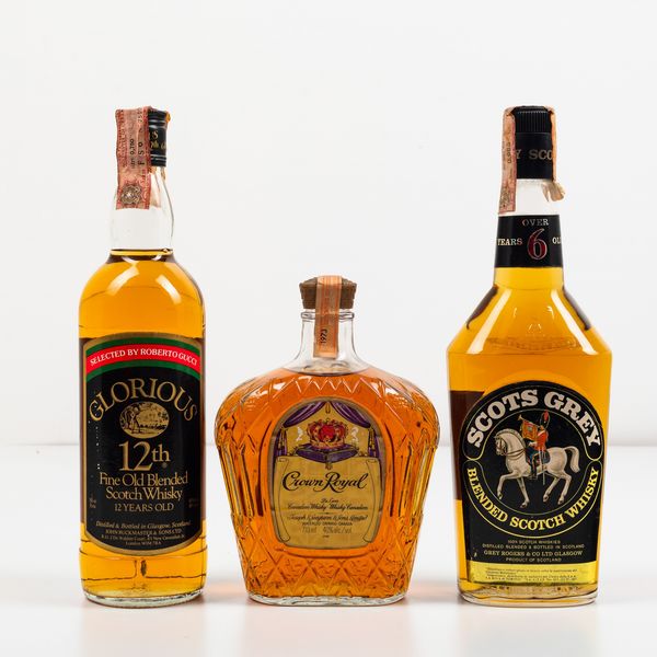 Scot's Grey, Blended Scotch Whisky 6 years old<BR>Seagram's, Crown Royal De Luxe Blended Canadian Whisky<BR>John Buckmaster & Sons, Glorious Blended Scotch Whisky 6 years old  - Asta Spirito del tempo  - Associazione Nazionale - Case d'Asta italiane